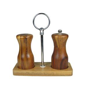 Salt Pepper Shakers Vintage Wood Wooden Brown Caring Tray 6.5 inches